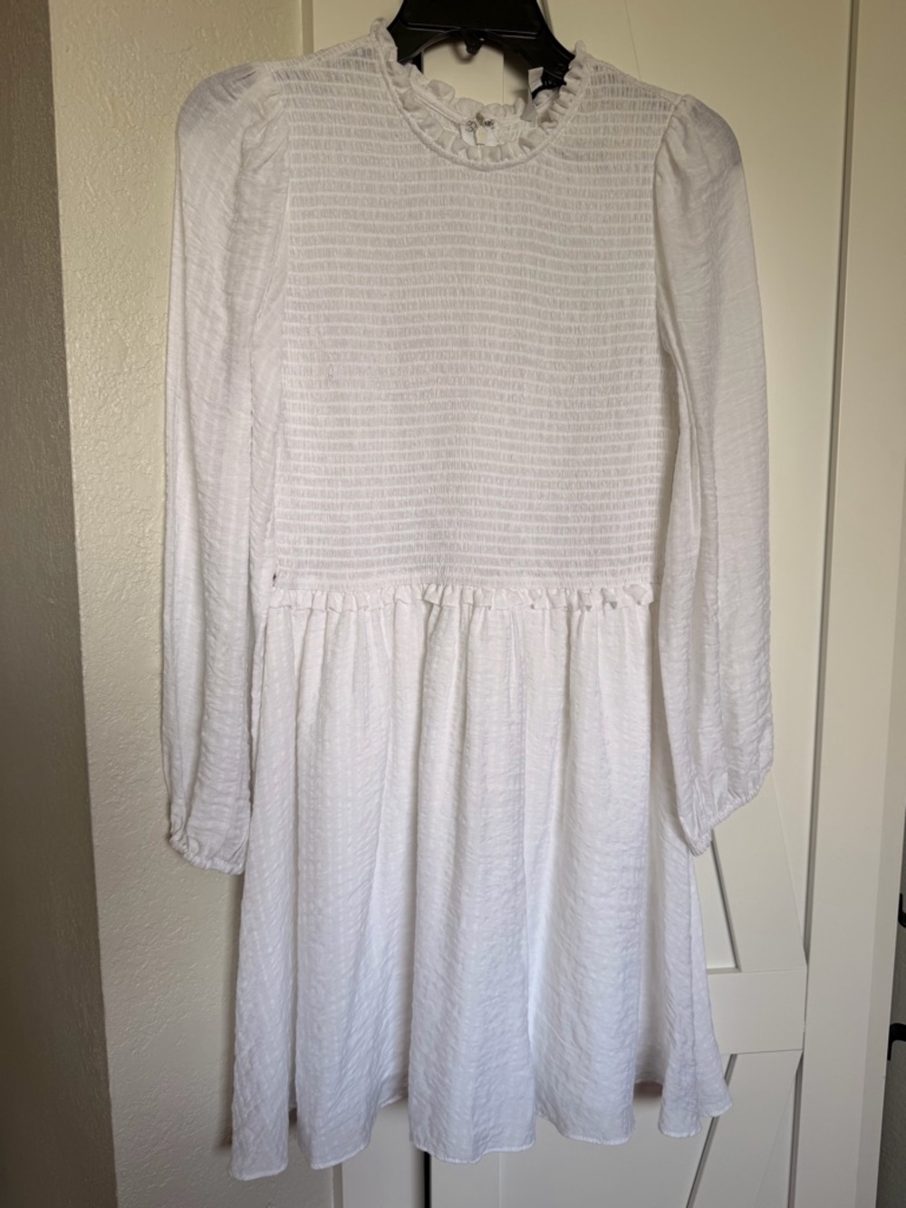 Gianni Bini White Long-Sleeve Smocked Bodice Dress
